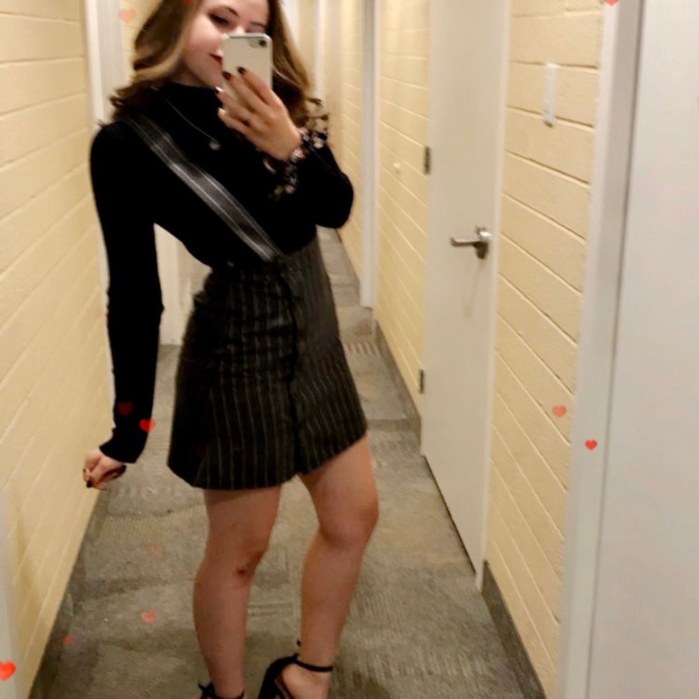 grey and white striped suspender mini skirt